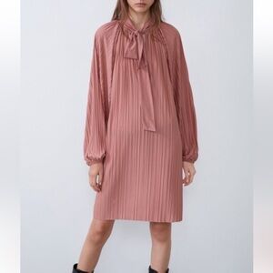 NWT Zara Pink Pleated Dress M Neck Tie